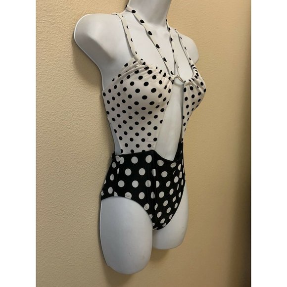 Hula Honey Women's Black White Polka Dot Strappy Small One Piece Swim Suit - Picture 3 of 7